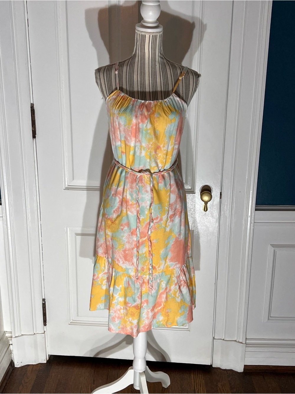 Lightweight Yellow & Pink Tie-Dye Dress with Belt blue rain XS whimsy d472